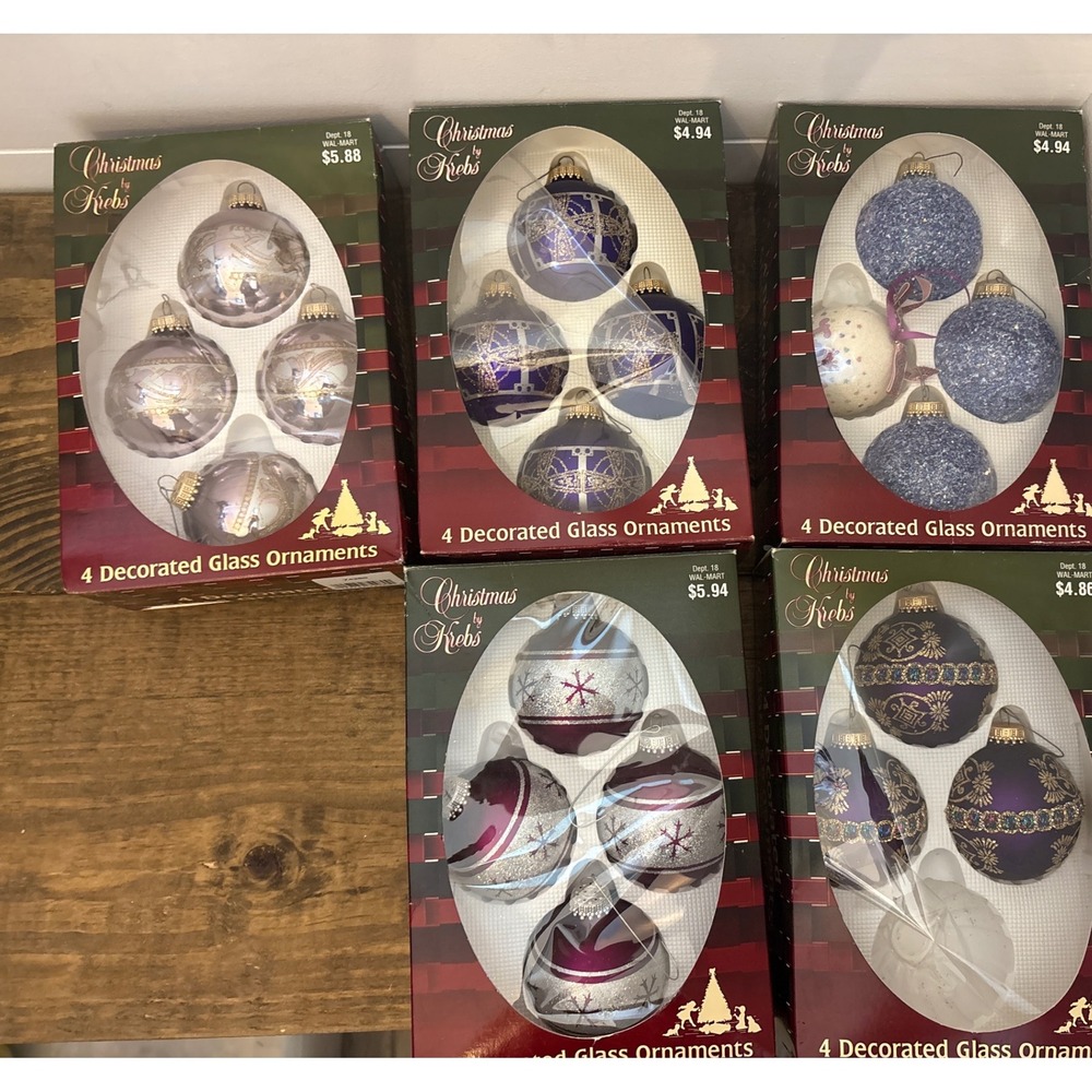 Vintage Christmas by Krebs Decorated Glass Ornaments 5 boxes of Set of 4‎ Purle